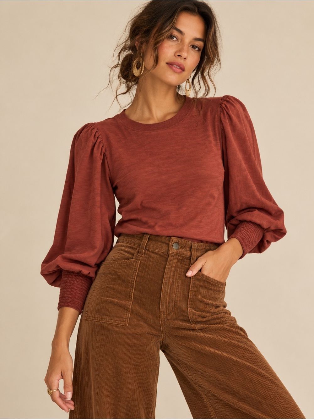 Nation LTD Rust Puff-Sleeve Sweatshirt